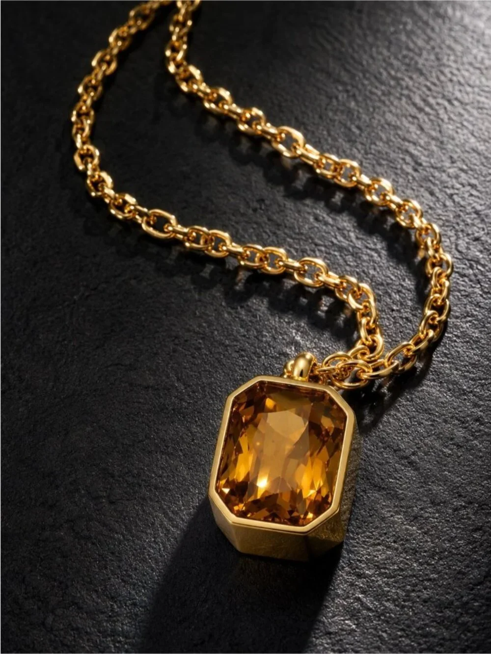 18K Gold plated Chain Necklace with Amber-Tone Faceted Pendant